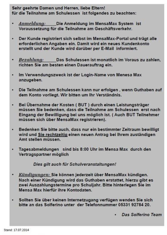 Informationsblatt zum Mittagessen in der Schule